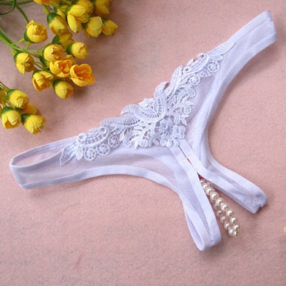 Sexy Embroidery String Pearl T-Back Lace Beaded Crotchless Pearls G-String Thong